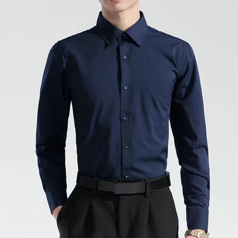 Camicia da Uomo a Maniche Lunghe Tinta Unita Temperamento Business Camicia Foderata Senza Stiro