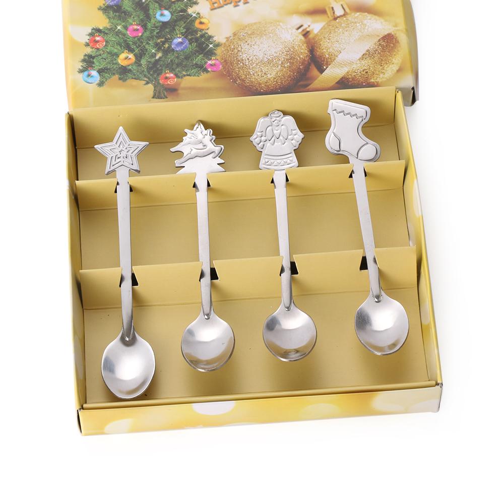 4pcs/set Stainless Steel Christmas Tableware Coffee Spoons Ice Cream Desserts Spoon Snowman Xmas Tree Kids Drinking Tea Scoops