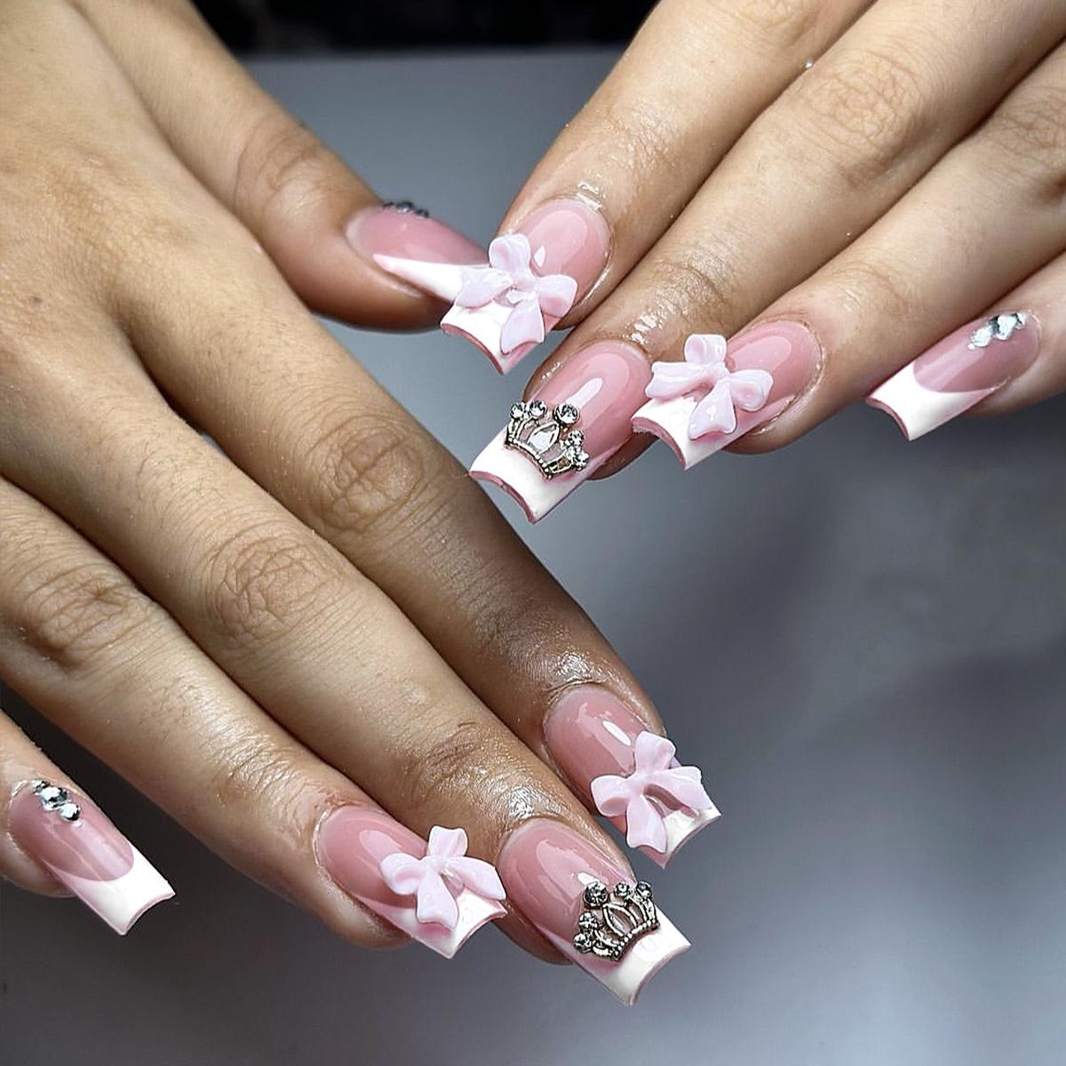 

Medium White French Tip Wearable Nails with 3D Bow, Crown, and Rhinestones