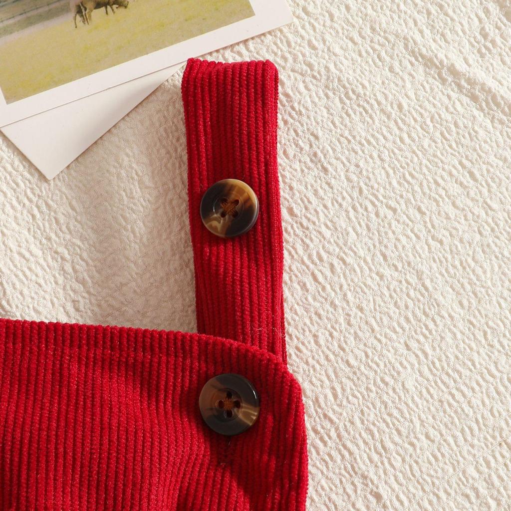 Autumn/Winter Baby Girl Ribbed Bodysuit, Corduroy Overalls Skirt & Bow Set
