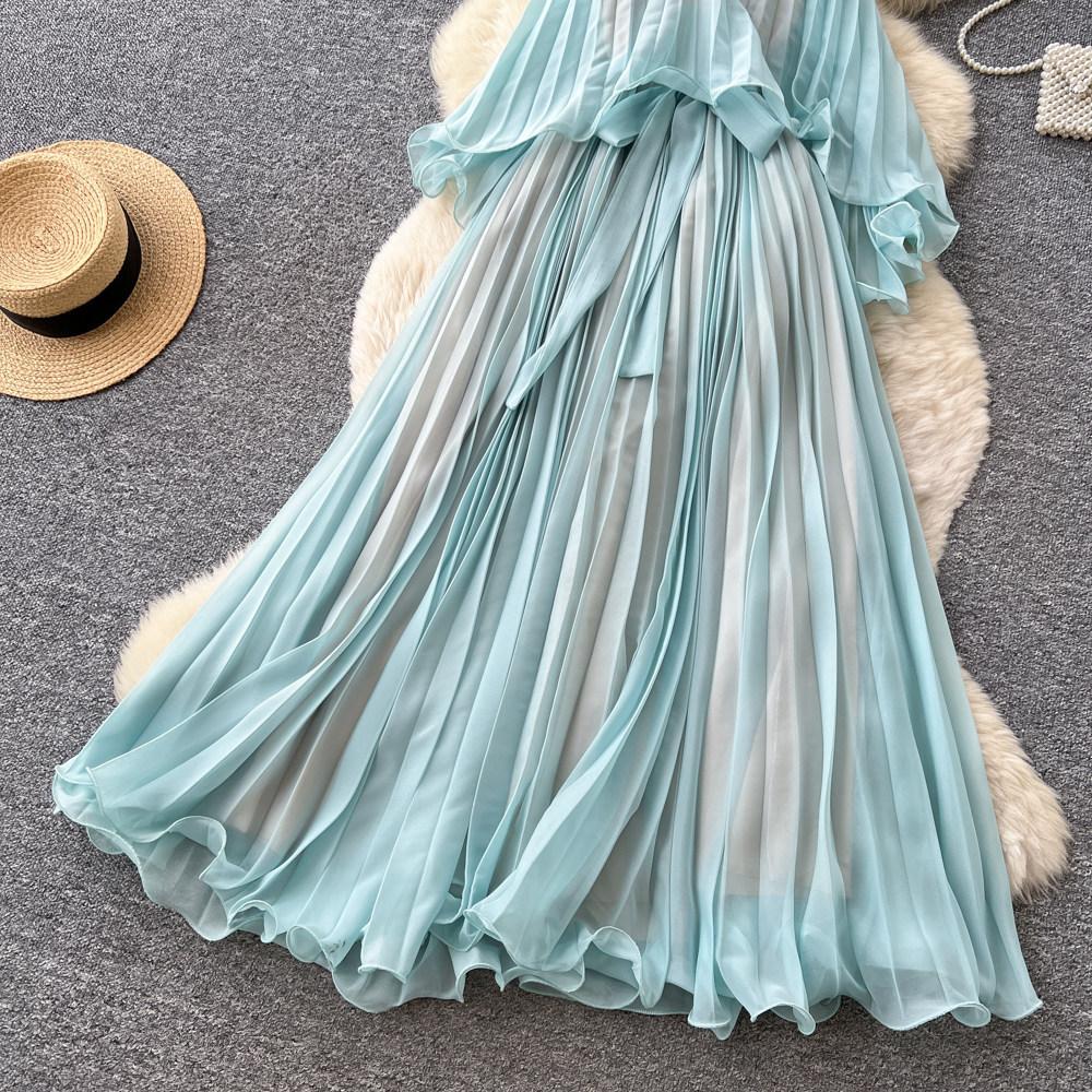 High-end vacation style sleeveless neck dress women's summer mint green lotus leaf edge pleated temperament long dress