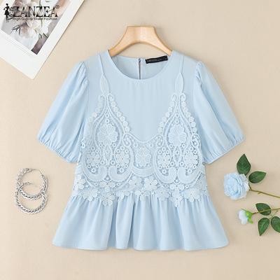 Damskie codzienne T-shirty z krótkim rękawem na lato z okrągłym dekoltem i szydełkowym patchworkiem