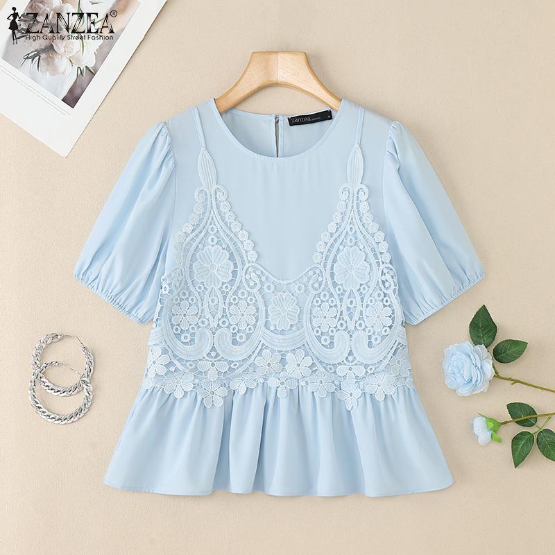 ZANZEA Women Casual Round Neck Crochet Patchwork Summer Short Sleeve T-Shirts
