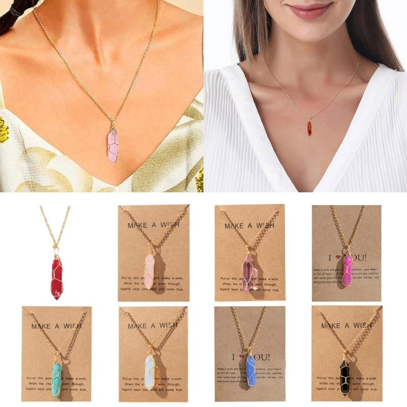 Wire Wrapped Hexagon Pillar Necklace Bullet Point Shaped Pendant Necklace Natural Stone Pendant Clavicle Chain Necklace