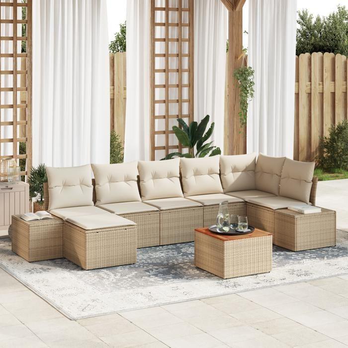 VidaXL Ensemble de canapé de jardin 8 pièces avec coussins en poly rotin beige et acacia 3347988
