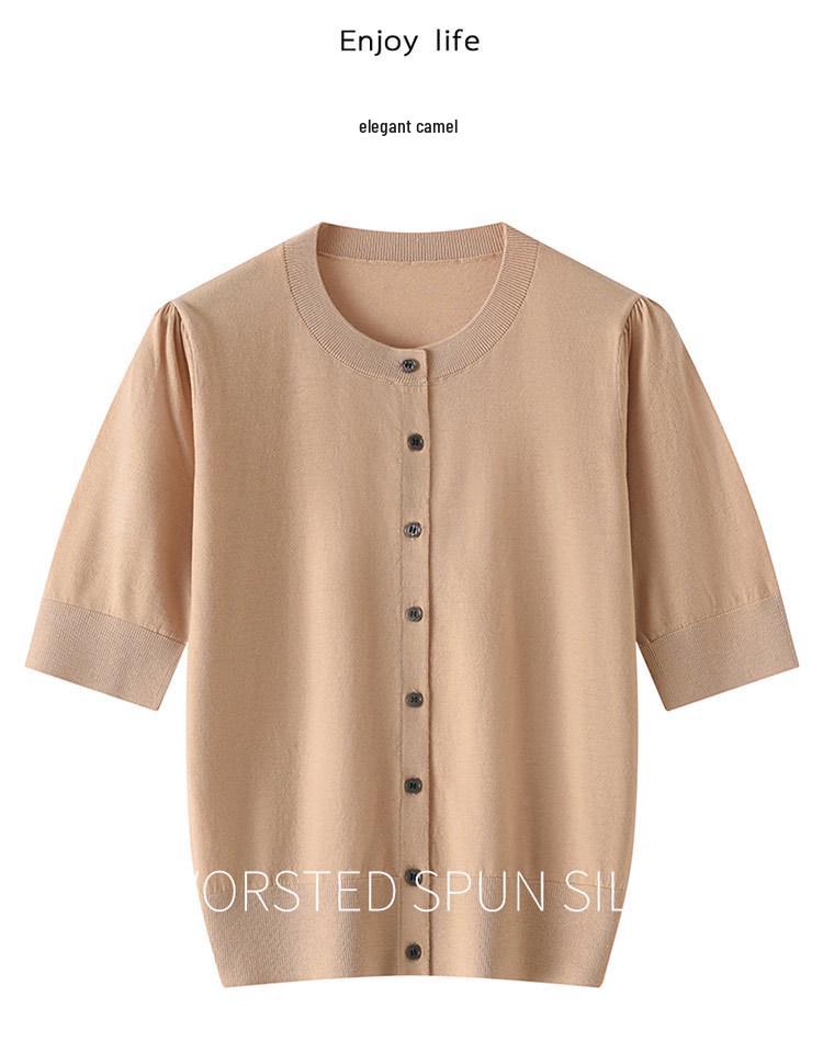 Spring/Summer Women's Silk-Like Round Neck 5-Point Sleeve Cardigan