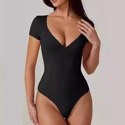 Women's Bodysuit Deep V Neck Short Sleeve Slim Fit Body Suits Casual Blouse Tops Elegant Bodysuits