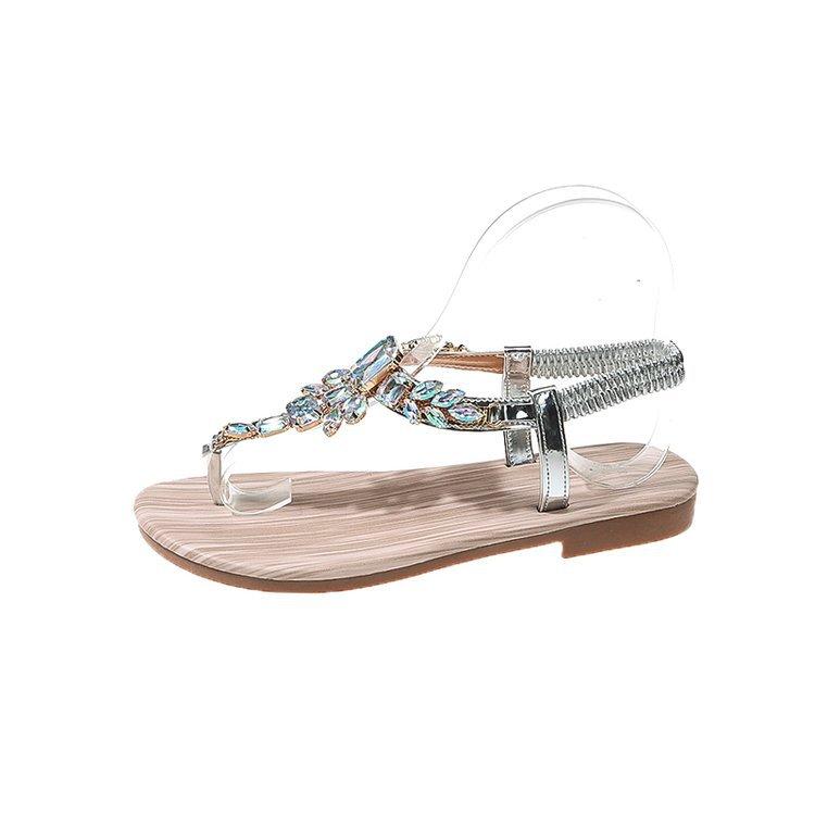 2024 new summer sandals female Korean version fairy style flat bottom toe elastic band bohemian rhinestone sandals