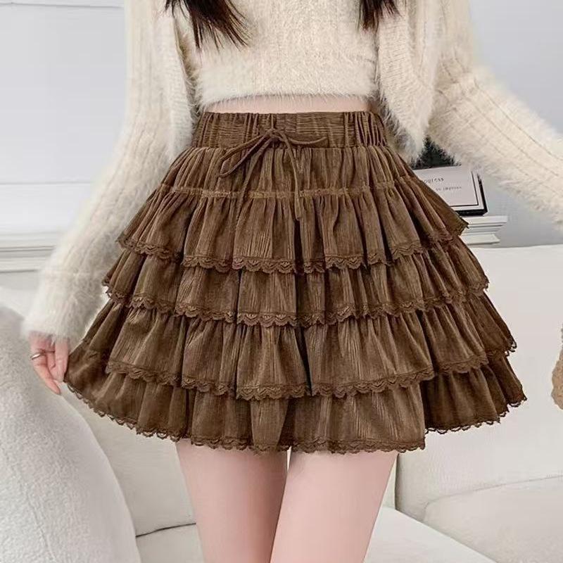 Women's Coffee Lace Patchwork Velvet A-Line Skirt - High Waist, Slimming, Autumn/Winter 2025