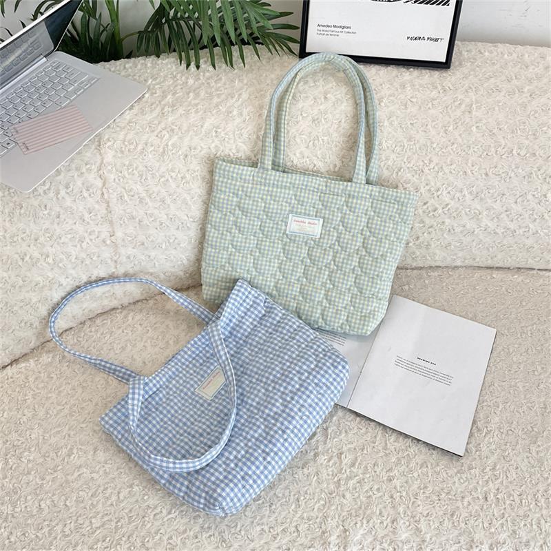 Cute Quilted Padded Heart Plaid Shoulder Bag Handbag Large Capacity Casual Commuting Tote Bag Storage Bag Girl Heart Clutch Gift