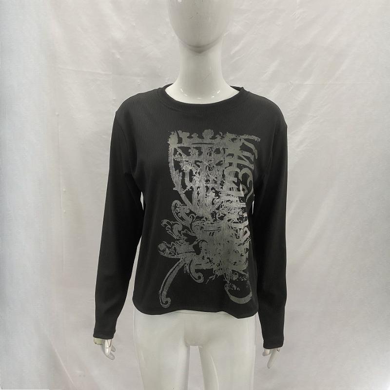 Europäisches und amerikanisches Y2K personalisiertes dunkles bedrucktes Rundhals-Langarm-Retro-Streetwear-Trend-Oberteil