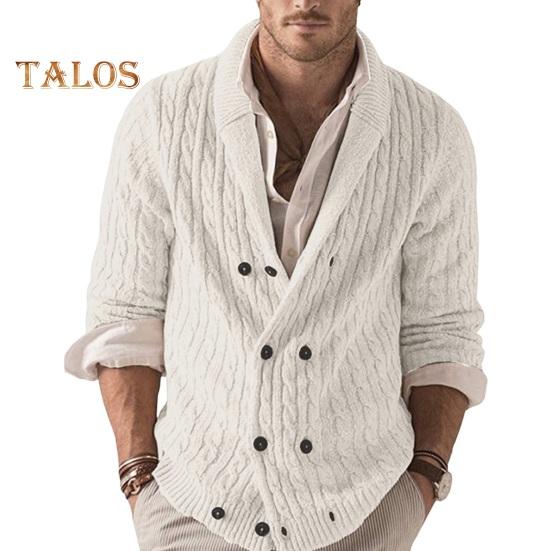 Осенне-зимний мужской свитер двубортный с пуговицами отворотами длинными рукавами скрученной текстурой однотонное толстое эластичное трикотажное пальто S белый 2833₽