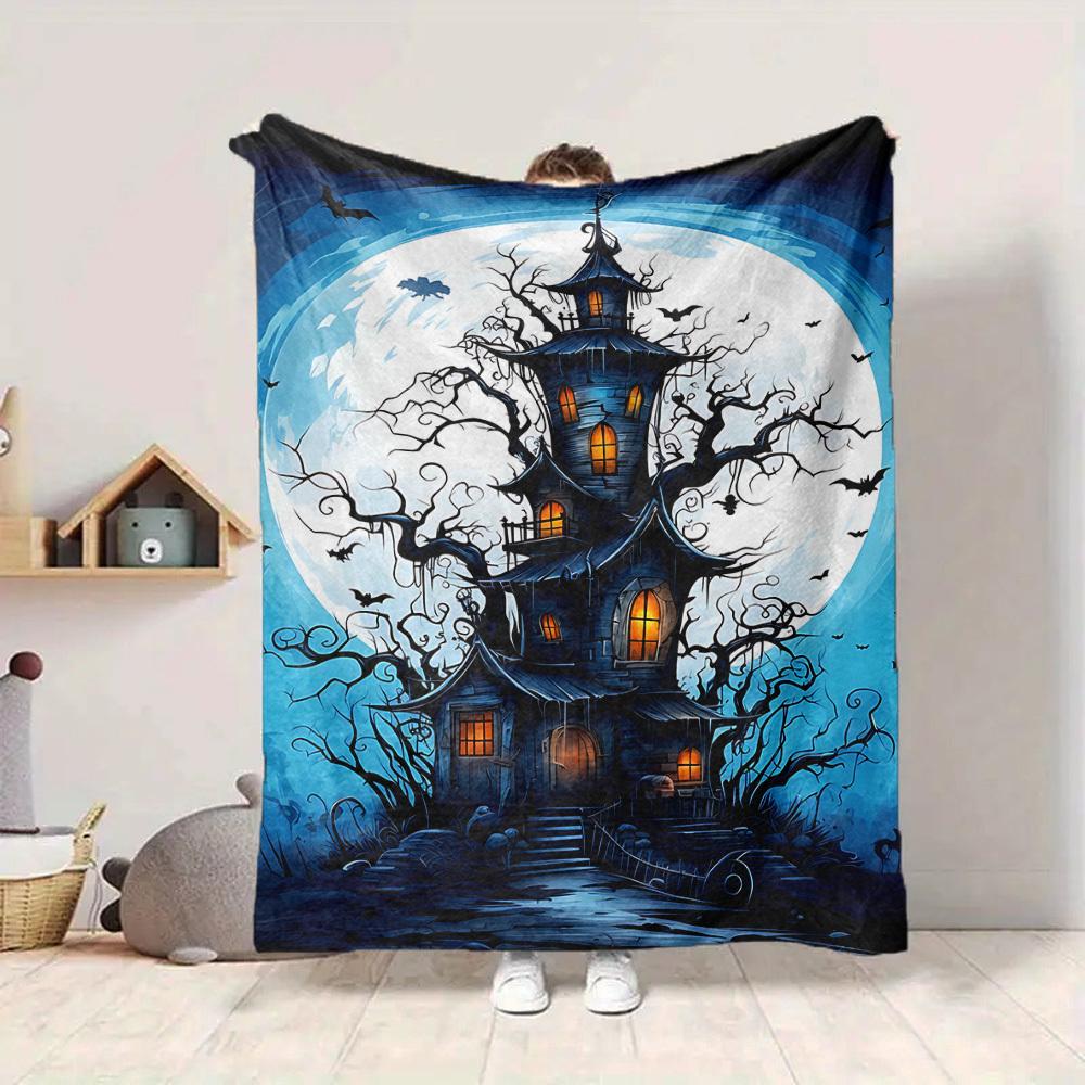 1pc Halloween Haunted House Moonlit Night Blanket, Lightweight Flannel Throw Blanket For Sofa, Bed, Travel151