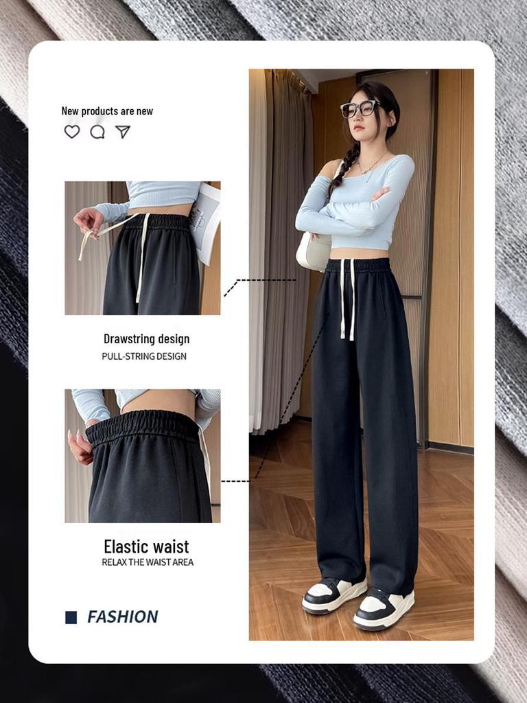 Women's Black Wide-Leg Drawstring Pants - Curved Knife Sports, Slimming, Loose, Casual, Spring/Summer 2026