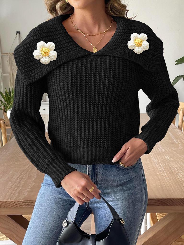 Women's Short Top, Hand-hooked Splicing Sweater, European and American Women's Clothing, Autumn and Winter New Large Lapel Pullover Sweater