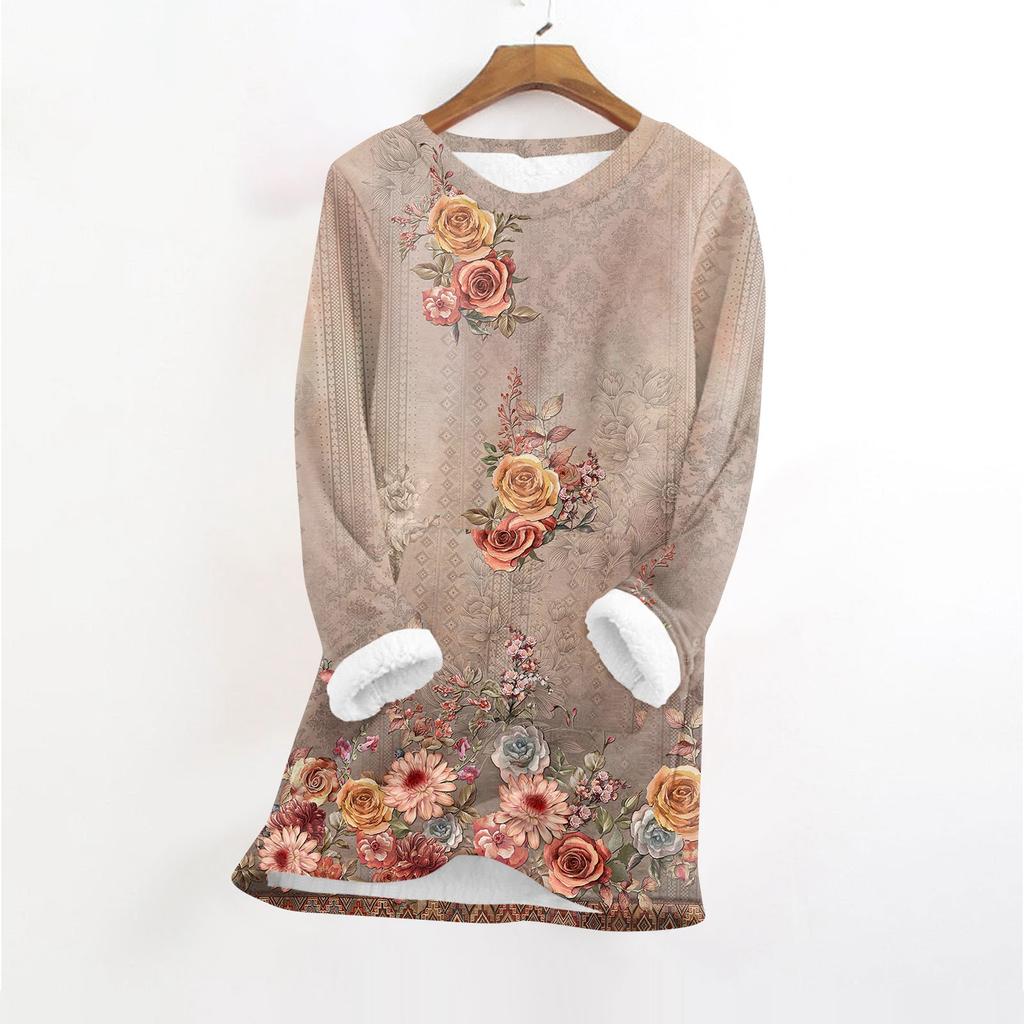 Haut pull-over chaud en peluche à manches longues et col rond imprimé tendance pour femmes