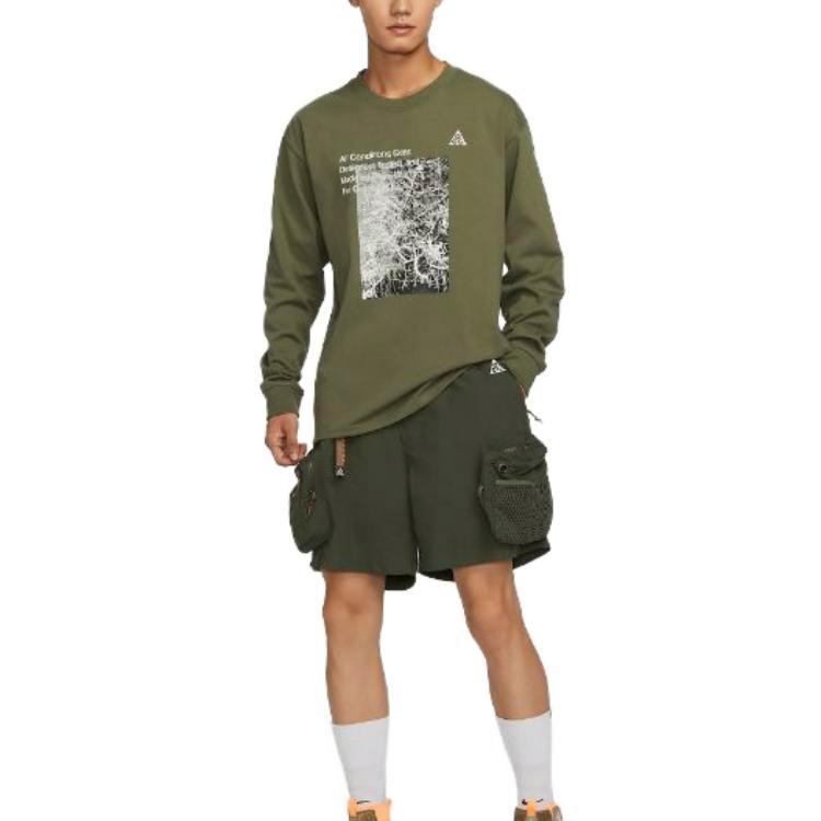 Nike Scenic Print Crew Neck American Vintage Long Sleeve T-Shirt Men Tops Olive-Green FN7319-222
