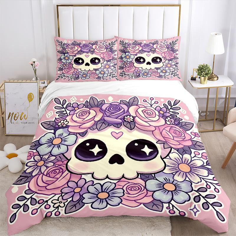 3pcs Pink Cute Skull Print Bedding Set Soft and Comfortable, Suitable for Use In Bedrooms and Guest Rooms.N075