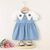 Summer Girls Denim Dress Floral Short Sleeve Collar Fake Two Piece Baby Toddler Princess Jean Dress Casual Party Outfit
