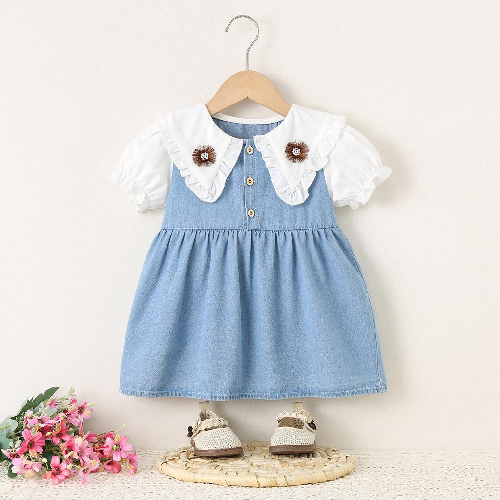 Summer Girls Denim Dress Floral Short Sleeve Collar Fake Two Piece Baby Toddler Princess Jean Dress Casual Party Outfit
