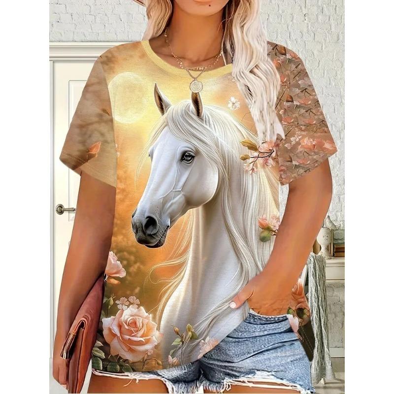 Haut décontracté à manches courtes et col rond avec imprimé animal cheval pour femme