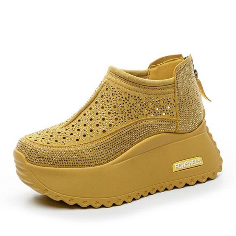 8CM Air Mesh Microfiber Leather Chunky Sneaker Ankle Boots Flatform Wedge Bling High Brand Comfy Spring Summer Shoes Women