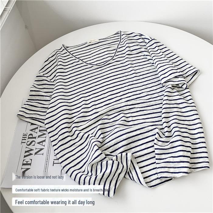 Women's Light Blue Striped V-Neck Bamboo Cotton Short-Sleeve T-Shirt - Loose Fit, Slightly Transparent