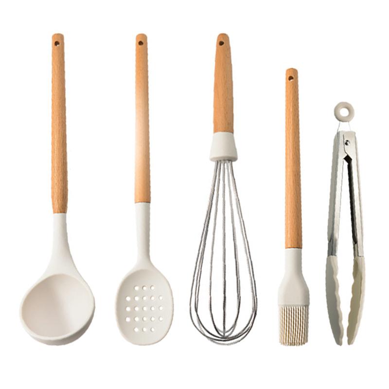 White Silicone Wooden Handle Soup Spoon Spatula Brush Scraper Pasta Egg Beater Non-stick Kitchen Cooking Tools Kitchenware
