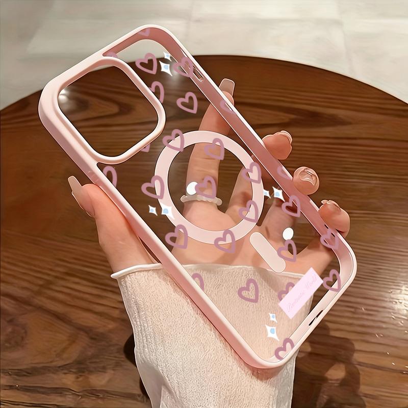 Pink Heart-Shaped Love Pattern Magnetic Transparent Phone Case For iPhone 17 Air 16 15 14 13 12 Pro Max 11 16E 17E 16 Plus Cover
