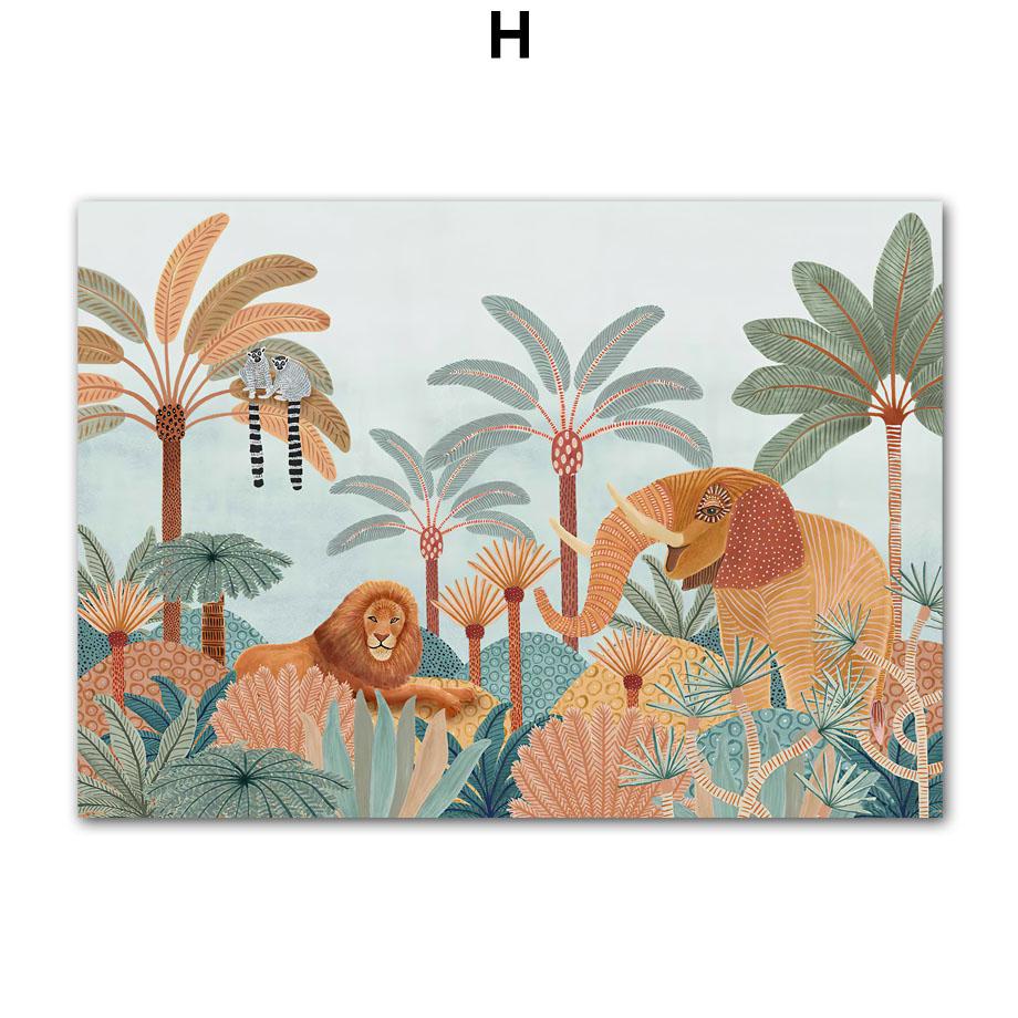 Tropical Jungle Animal Tree Giraffe Elephant Lion Boho Posters And Prints Wall Art Canvas Painting Picture for Living Room Decor