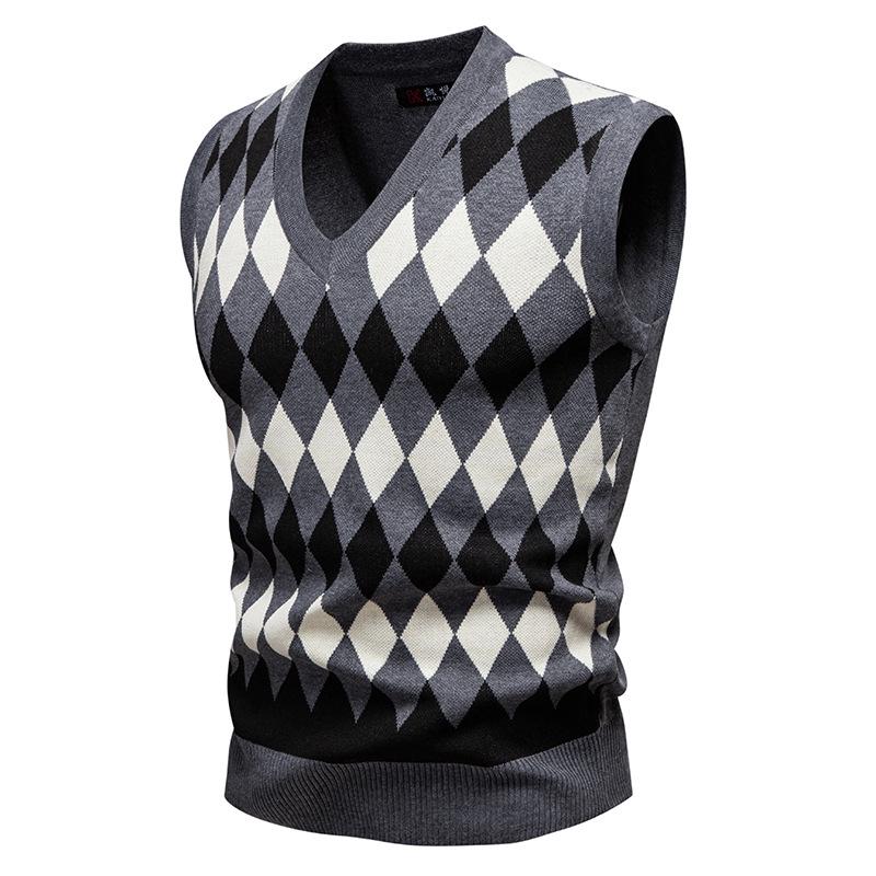 Men's Trendy V-Neck Plaid Color Block Knit Vest - Autumn/Winter Casual Warm Layer