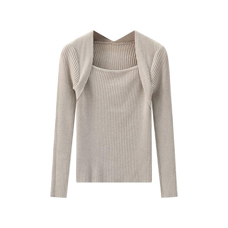 Autumn and Winter Women Pullover Sweater Long Sleeve Pullover Basic Top Elastic Female Solid Knitted Jumper Fake Two-piece Knitted Top