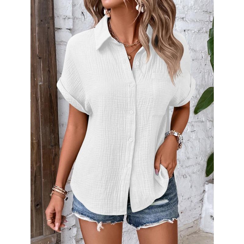 Summer Women's Shirt Solid Color Casual Bat Sleeve Button Up Shirt for Women