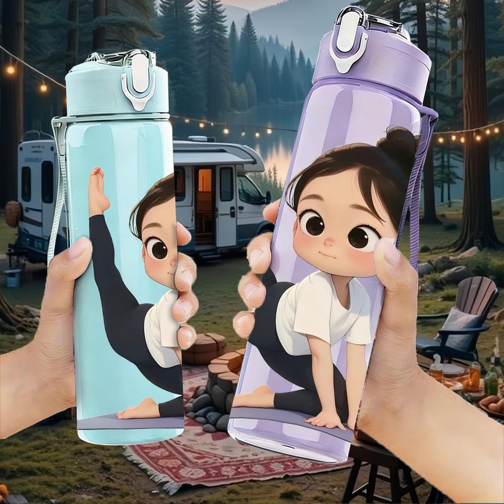 1PC Little Girl Stretch Yoga Pose Print 750ml Color Plastic Sports Water Bottle Leakproof Flip Straw Lid Suitable for Sports Office Home Use