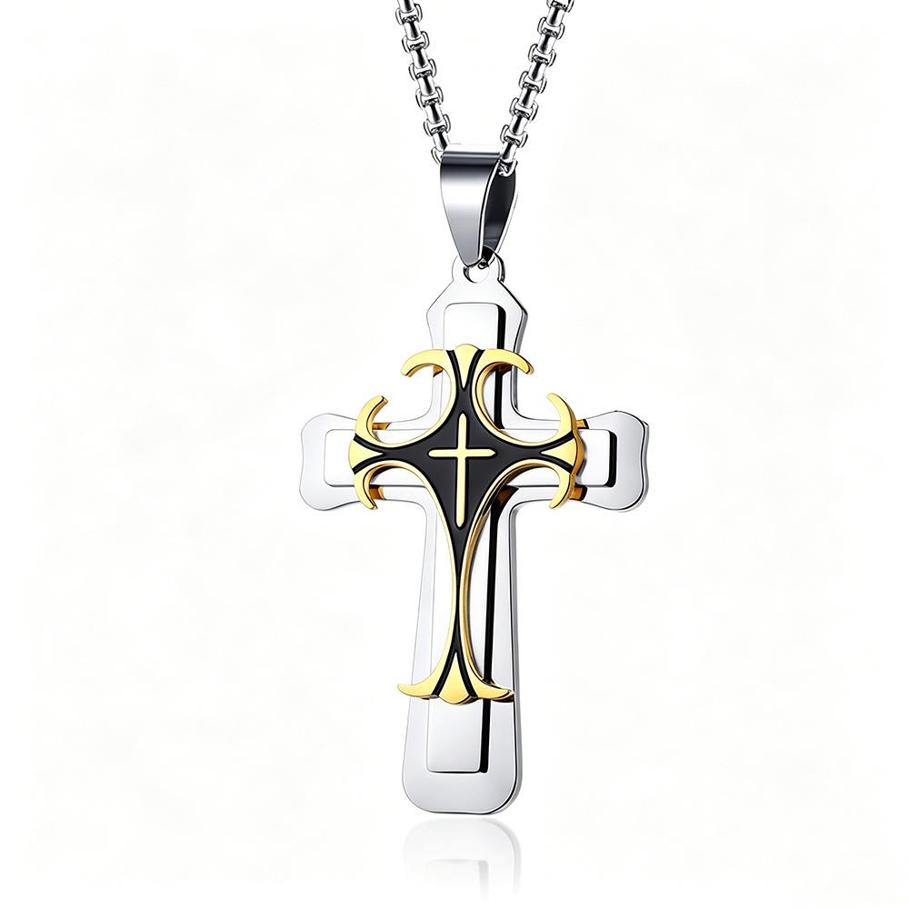 Men's Multi-layer Three-color Diamond Inlaid Cross Necklace