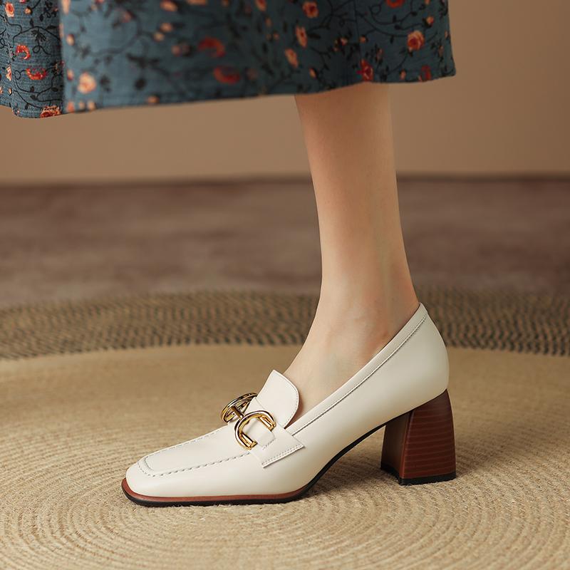 2024 Spring New Genuine Leather Women Shoes Leisure Women Slip-On Shallow Pumps Square Toe Heels Shoes Women Zapatos De Mujer