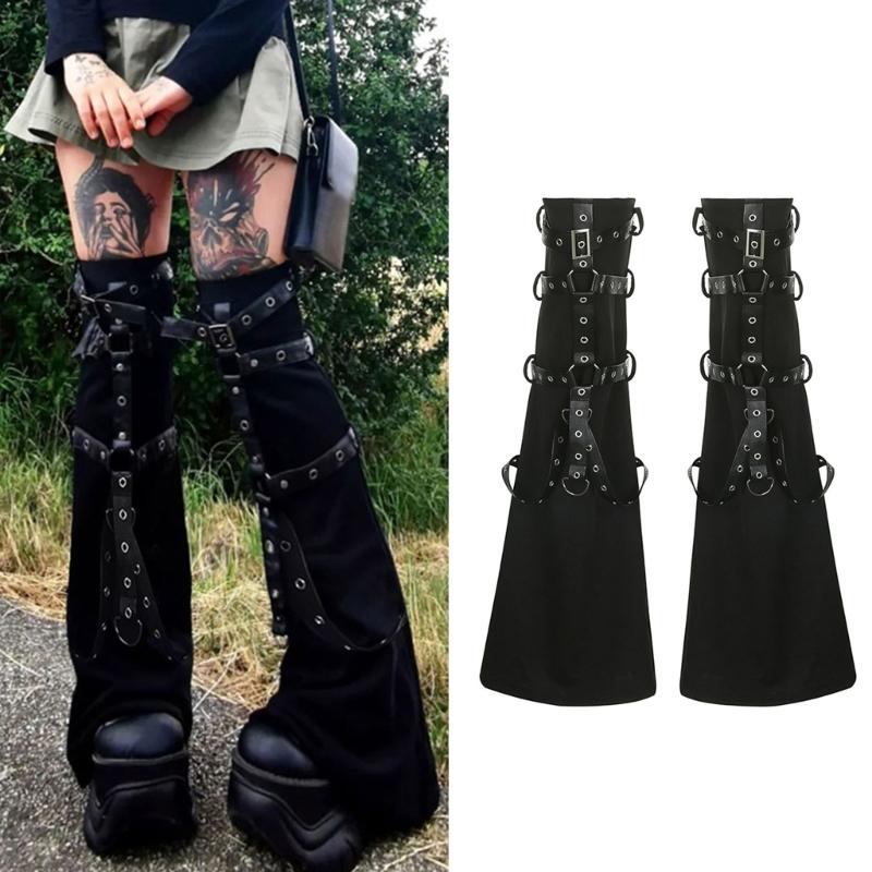 Women Punk Harness Eyelets Straps Flared Leg Warmer Japanese Style Buckled Thigh High Leg Cover Long Sock Stockings