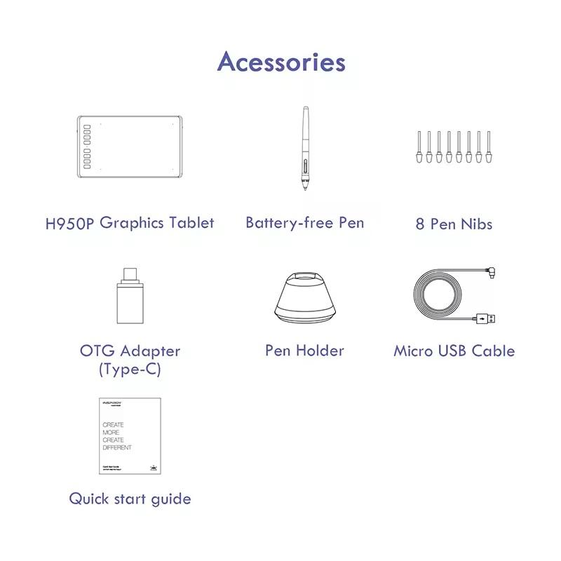 H950P Digital Tablet Drawing Pen Tablet Graphics Tablet with OTG Battery-Free Stylus for Android/PC