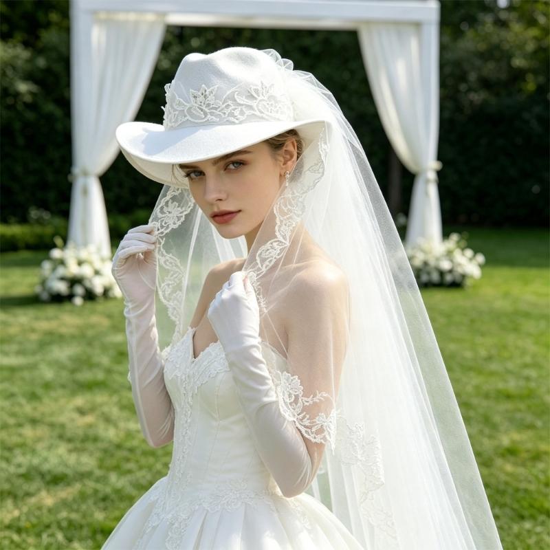 Elegant White Veil Cowboy Cap Wool Cosplay Hat for Western Theme Weddings and Outdoor Celebration Gathering Wear