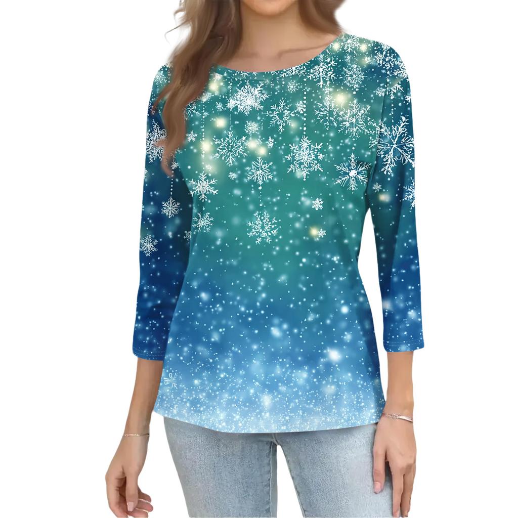 Women's Fashion Casual Christmas Tree Printed Round Neck Three-Quarter Sleeve T-Shirt Top