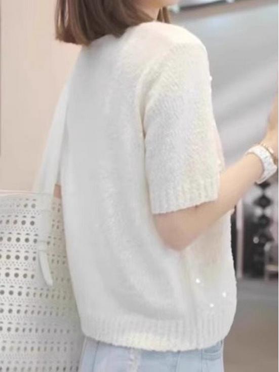 Plus Size 2025 Sequin V-Neck Knit Top - Loose Fit, Short Sleeve, Stylish Hollow Design