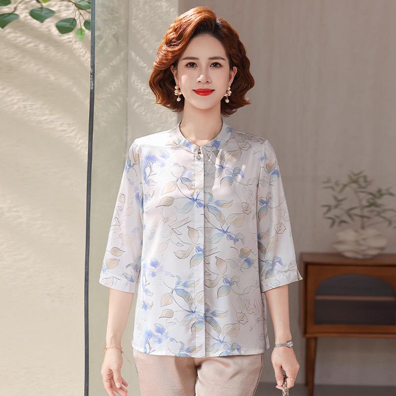 2026 New Fashion Lapel Printed Chiffon Shirt for Middle-Aged & Elderly Women - Three-Quarter Sleeves & Lightweight Design