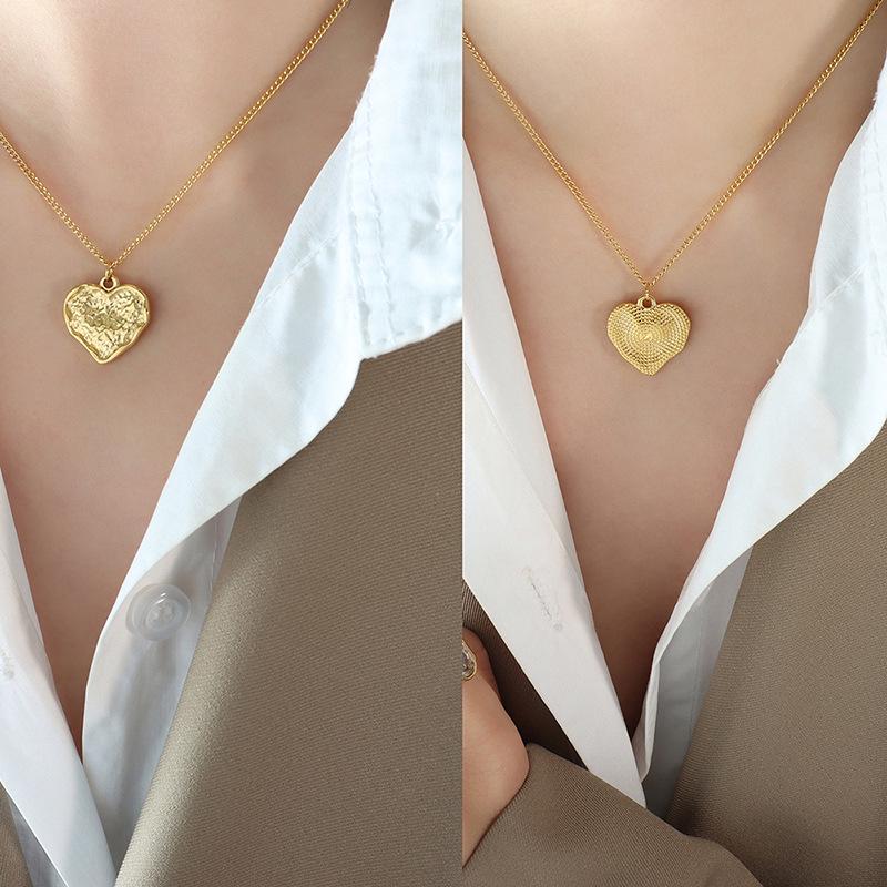 Gold-Plated Titanium Steel Heart Pendant Necklace with Embossed Design - European/American Style