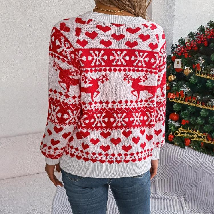 Vintage Christmas Sweater Knitwear Loose Long Sleeve Top Print Cardigan O Neck Autumn Winter