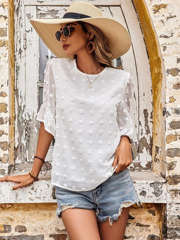 2025 Spring/Summer European & US White Ruffle Sleeve Round Neck Women's Loose Short Sleeve Fashion Top