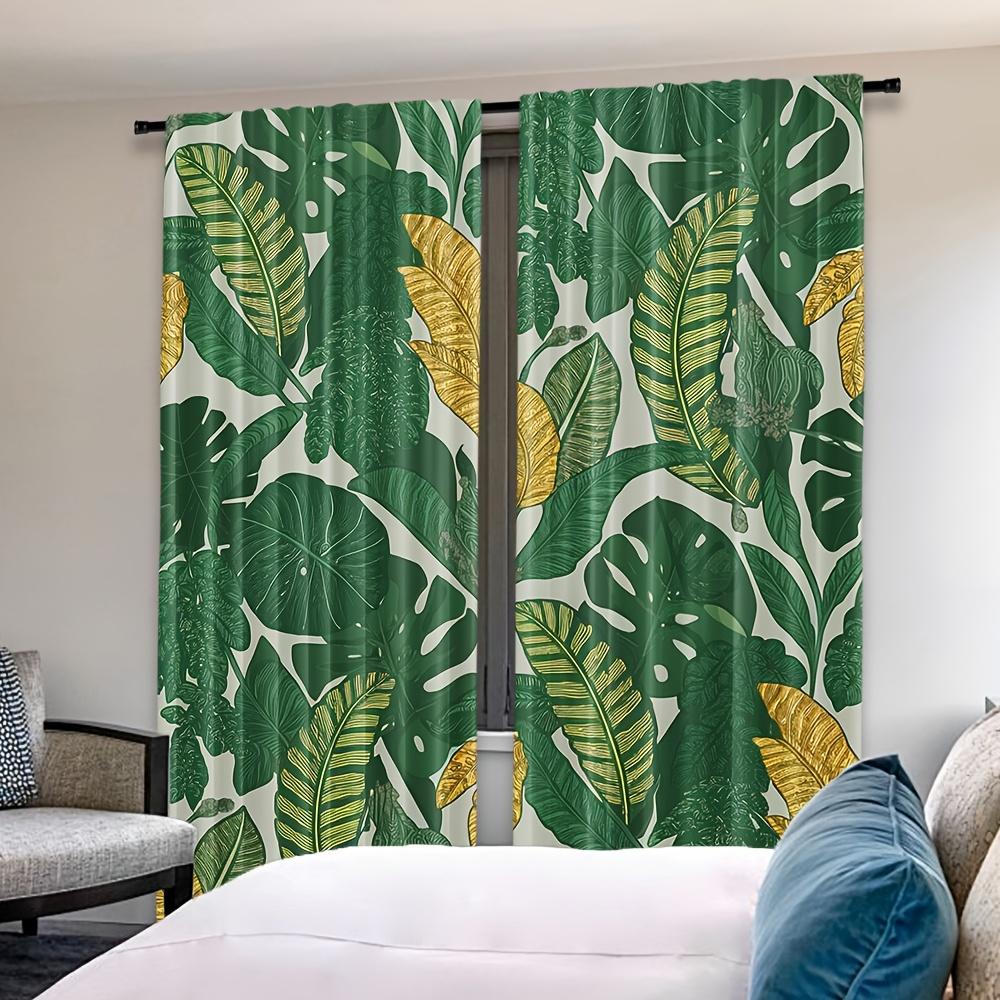 2pcs Palm Leaf Print Rod Pocket Curtains, Woven Polyester Pongee, Semi-Sheer Roller Embossed Drapes, Contemporary Style, Machine