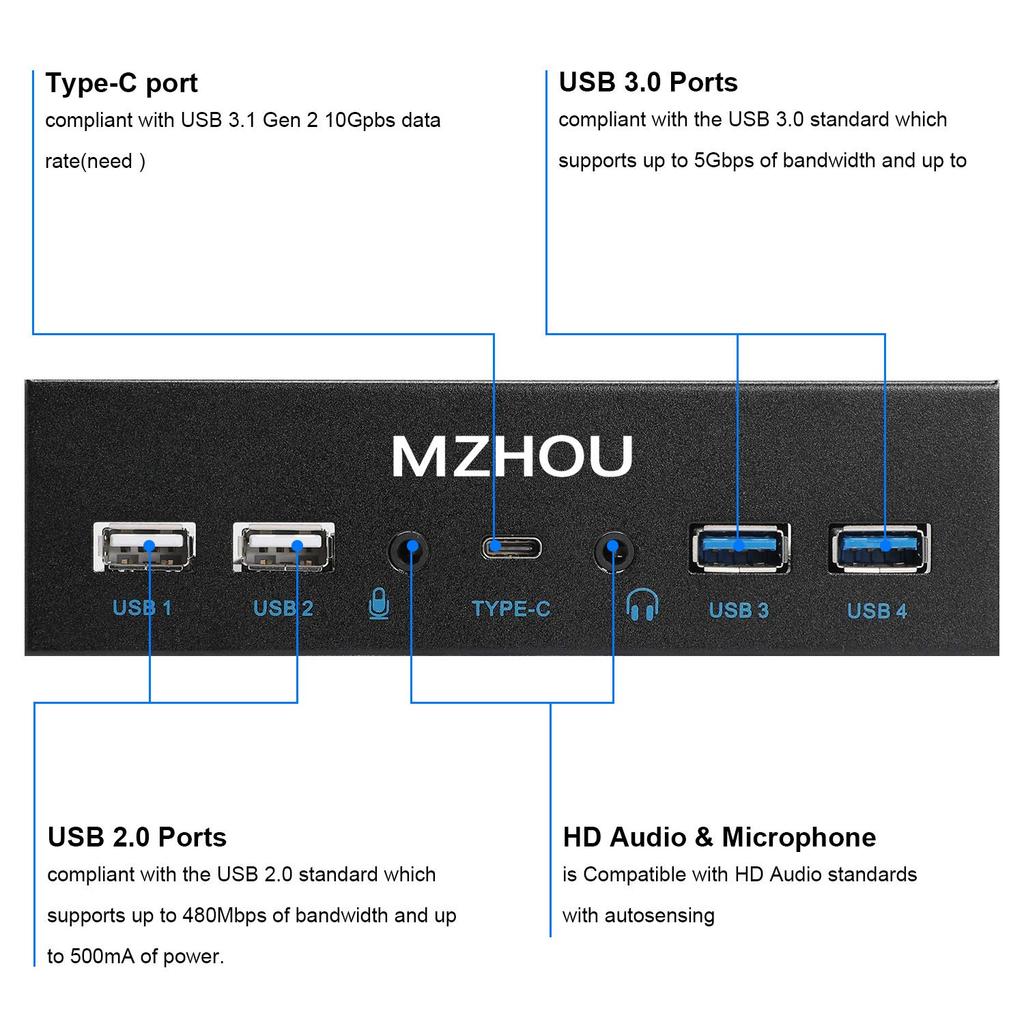 Mzhou USB Metal Front Panel Front 4 USB Ports Hub with 1 HD Audio 1 and 1 Microphone Input 2.0 + 3.0 Adapter, 5.25-Inch 19-Pin Panel, 3.0 Port, TPY-C