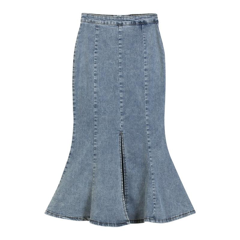 

Джинсовая длинная юбка с разрезом, женская корейская мода, винтажная облегающая юбка-миди с высокой талией и оборками, элегантная шикарная летняя юбка M синий