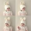 Baby Beanies with Tie Warm Lining Furry Pompoms Rabbit Ears Hat Adjustable Size Plush Hat Lovely Photo Props