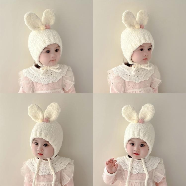 Baby Beanies with Tie Warm Lining Furry Pompoms Rabbit Ears Hat Adjustable Size Plush Hat Lovely Photo Props